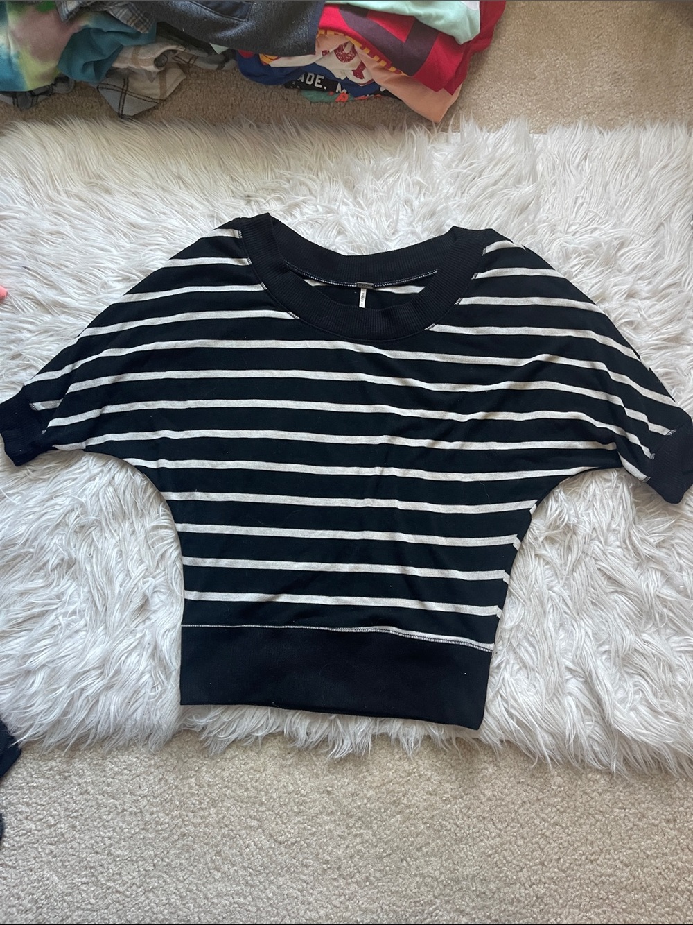 Poof! Black & White Striped Short Sleeve Sweatshirt